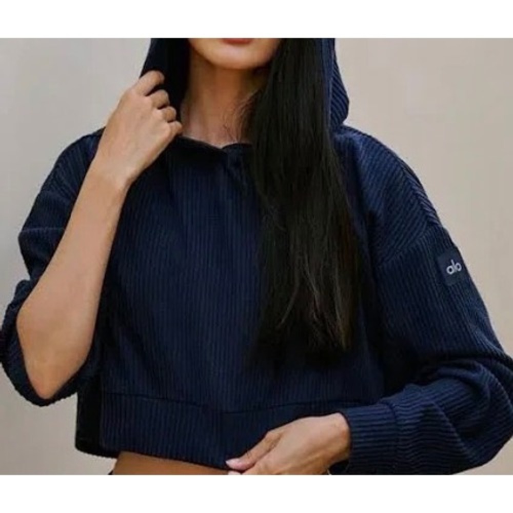Alo Yoga Muse‎ Hoodie Navy Blue Ribbed Cropped Pullover Sweatshirt Womens S